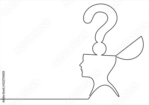 The head of a man with a question mark is drawn by a single black line on a white background. Continuous line drawing. Vector illustration.