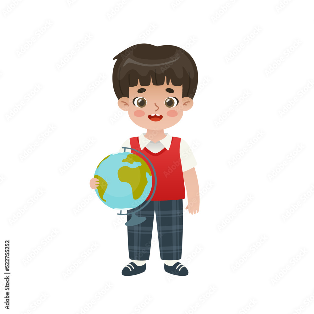 Cute school boy in uniform standing with globe. Happy cartoon student with world map. Adorable asian pupil. Cute school boy in uniform standing with globe. Happy cartoon student with world map. Adorable asian pupil.
