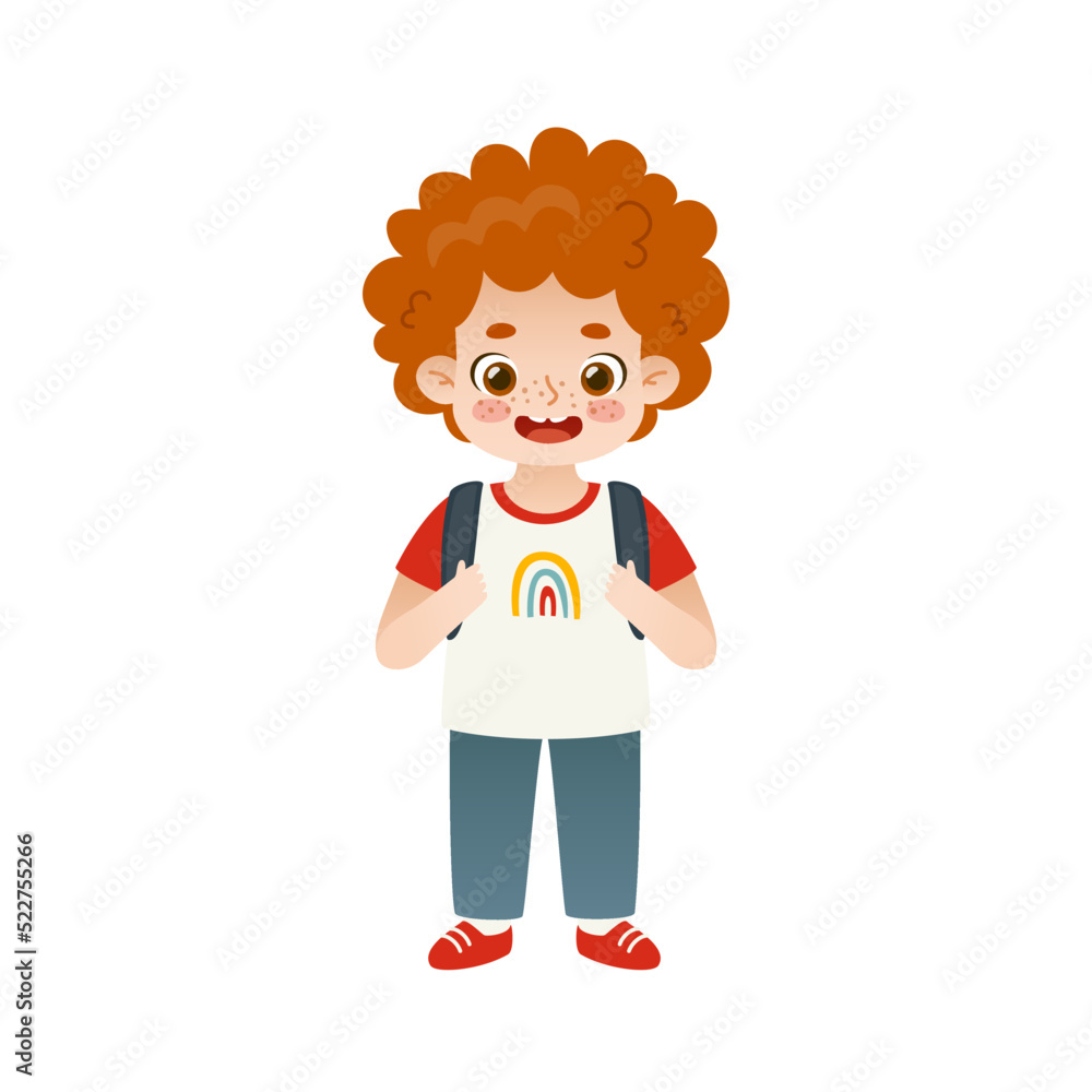 Cute red hair school boy with backpack. Cartoon happy student standing. Cute red hair school boy with backpack. Cartoon happy student standing.