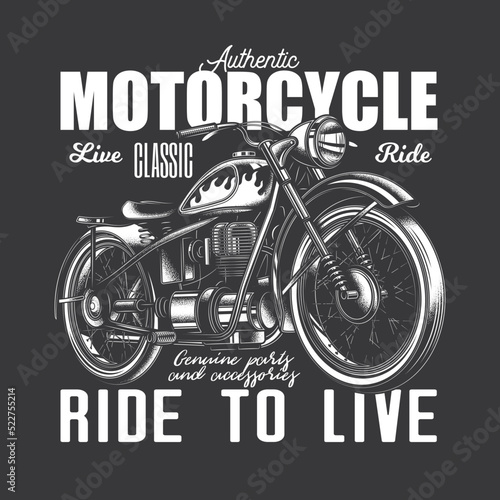 Original monochrome vector illustration. An old vintage retro motorcycle on the background of a text composition. T-shirt or logo design