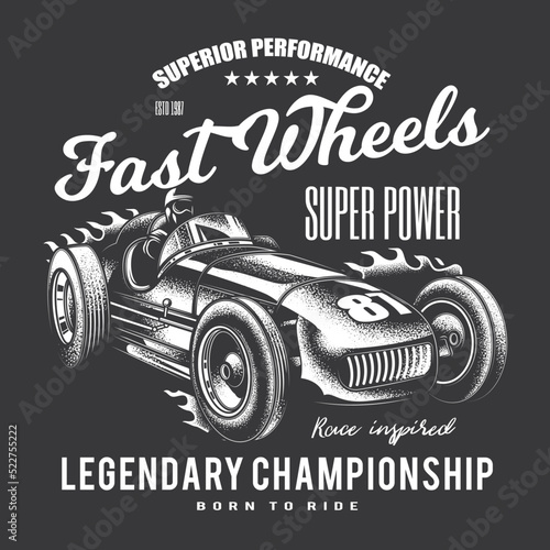 Original vector illustration in vintage style. An old vintage racing car on a black background. T-shirt design  stickers  print.