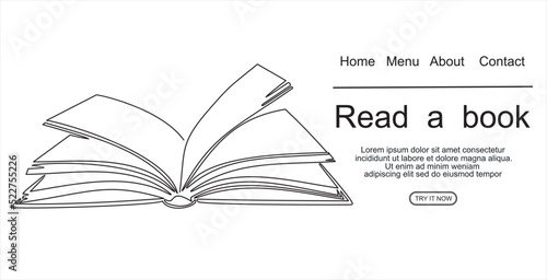 book with continuous one line drawing. Illustration of educational supplies back to school theme for website landing page. Order a banner for one line drawing.