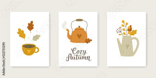 Set of cozy autumnal poster. Collection of vintage autumn vector prints for postcards.