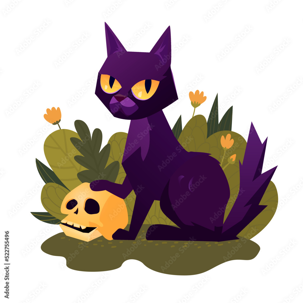 Skull and cat for Halloween greeting card and poster, party sign. Concept illustration with Sign and symbol. Flat design cartoon element. Vector illustration. Skull and cat for Halloween greeting card and poster, party sign. Concept illustration with Sign and symbol. Flat design cartoon element. Vector illustration.