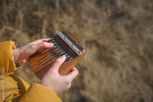 Female hands playing the kalimba - a musical instrument with a wooden soundboard and metal keys. photo