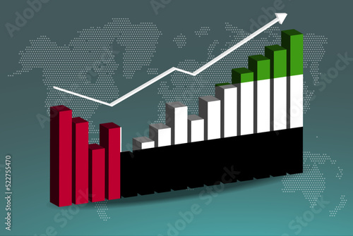 UAE 3D bar chart graph with ups and downs, increasing values, upward rising arrow on data, news banner idea
