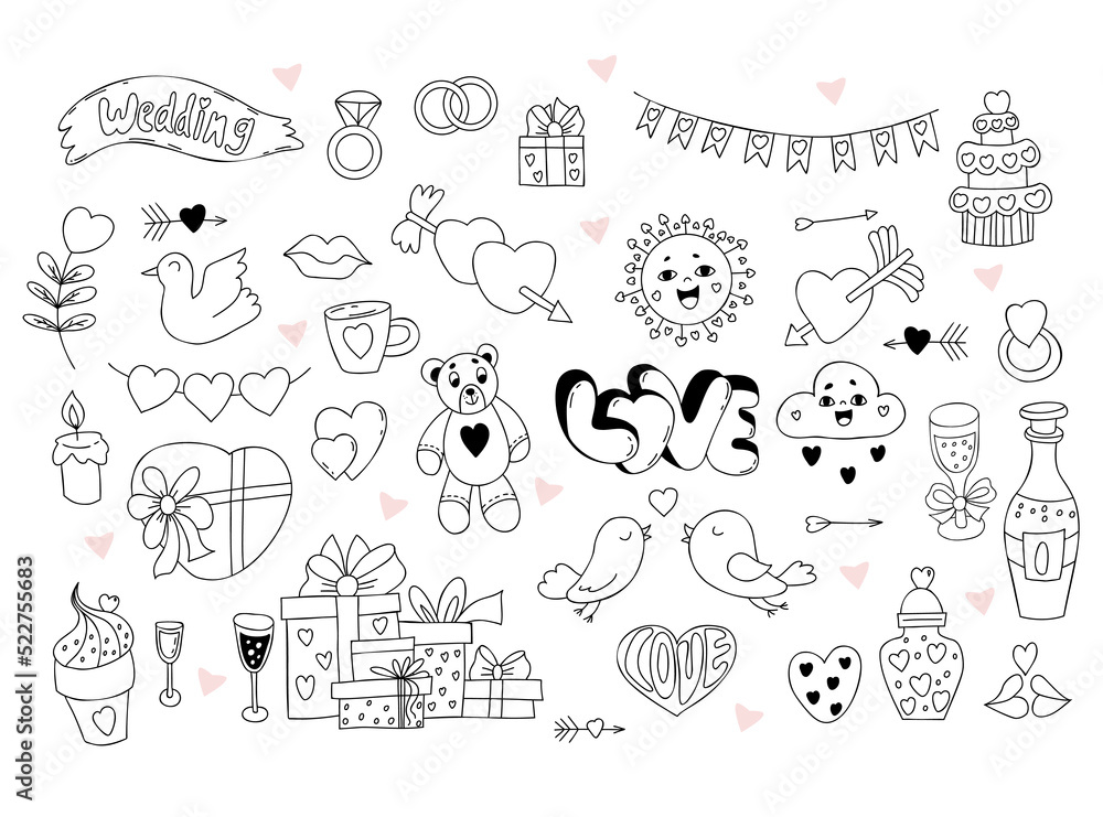 Obraz premium Set wedding and love doodles. Couple love birds with heart, gifts and wedding rings, cupids arrow, wedding cake, teddy bear toy, cute sun, cloud, champagne and glass. Isolated vector linear drawings