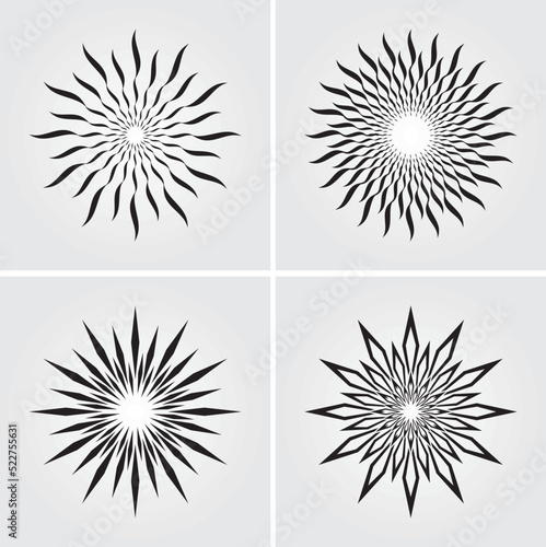 Set of geometric mandala element design vector templates in stars, sunbursts, sun rays, and beams of light shape patterns.