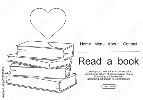 book with continuous one line drawing. Illustration of educational supplies back to school theme for website landing page. Order a banner for one line drawing.