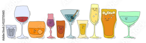 Vodka red wine whiskey liquor rum martini tequila champagne beer vermouth glassware with smile face on white background. Cartoon sketch. Doodle style with black contour line. Cute hand drawn glass