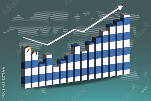 Uruguay 3D bar chart graph with ups and downs, increasing values, upward rising arrow on data, news banner idea
