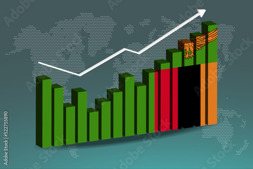 Zambia 3D bar chart graph with ups and downs, increasing values, upward rising arrow on data, news banner idea