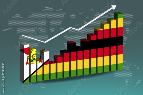 Zimbabwe 3D bar chart graph with ups and downs, increasing values, upward rising arrow on data, news banner idea