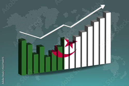 Algeria 3D bar chart graph with ups and downs, increasing values, upward rising arrow on data, news banner idea