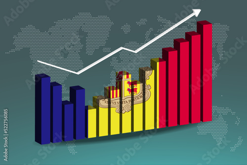 Andorra 3D bar chart graph with ups and downs, increasing values, upward rising arrow on data, news banner idea