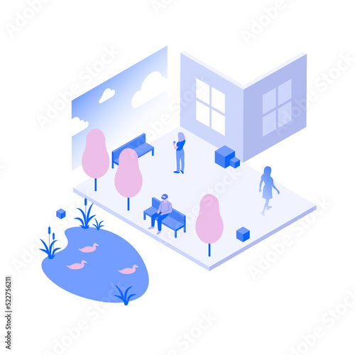 Isometric Park in Metaverse Reality. Graphic Abstract Nature Illustration. Vector illustration
