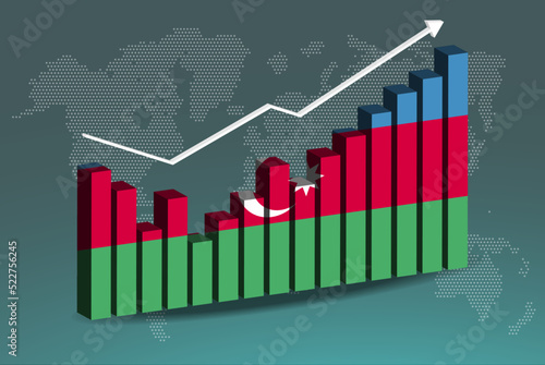 Azerbaijan 3D bar chart graph with ups and downs, increasing values, upward rising arrow on data, news banner idea
