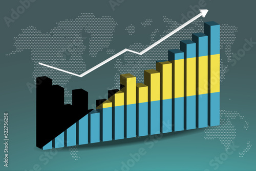 Bahamas 3D bar chart graph with ups and downs, increasing values, upward rising arrow on data, news banner idea
