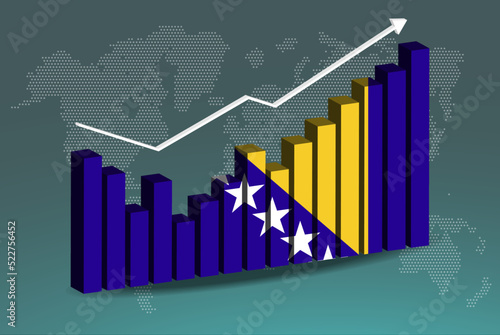 Bosnia 3D bar chart graph with ups and downs, increasing values, upward rising arrow on data, news banner idea