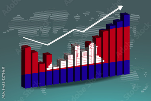 Cambodia 3D bar chart graph with ups and downs, increasing values, upward rising arrow on data, news banner idea