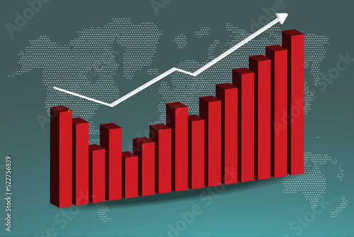 China 3D bar chart graph with ups and downs, increasing values, upward rising arrow on data, news banner idea