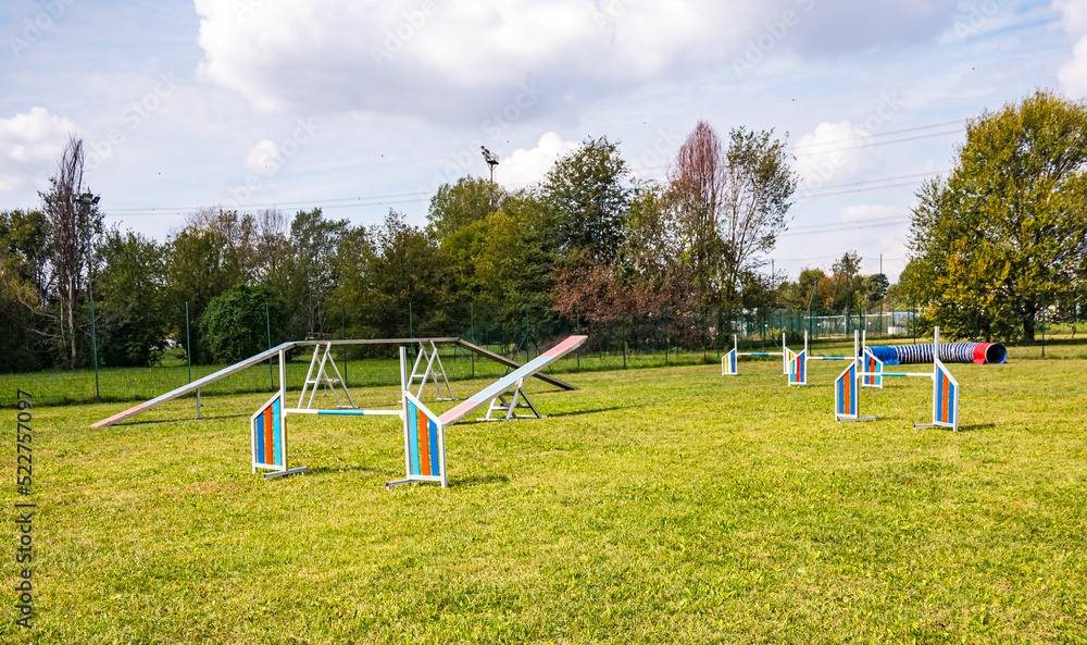 Area equipped for dog training. Dog training in a fenced area..Obstacle courses with tunnels, steep ramp, slides, poles and high jump. Area equipped for dog training. Dog training in a fenced area..Obstacle courses with tunnels, steep ramp, slides, poles and high jump.