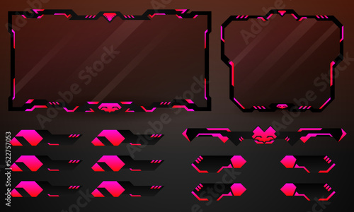Neon live stream overlay futuristic game interface webcam border frame panel and banners set for live video streaming platforms