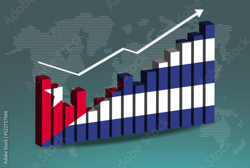 Cuba 3D bar chart graph with ups and downs, increasing values, upward rising arrow on data, news banner idea