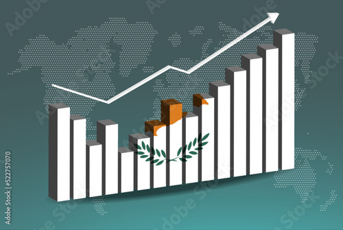 Cyprus 3D bar chart graph with ups and downs, increasing values, upward rising arrow on data, news banner idea