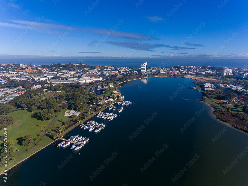 aerial view of Bunbury from the inlet looking towards the city centre and ocean aerial view of Bunbury from the inlet looking towards the city centre and ocean