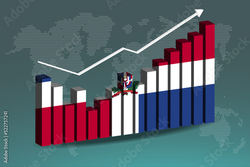 Dominican Republic 3D bar chart graph with ups and downs, increasing values, upward rising arrow on data, news banner idea