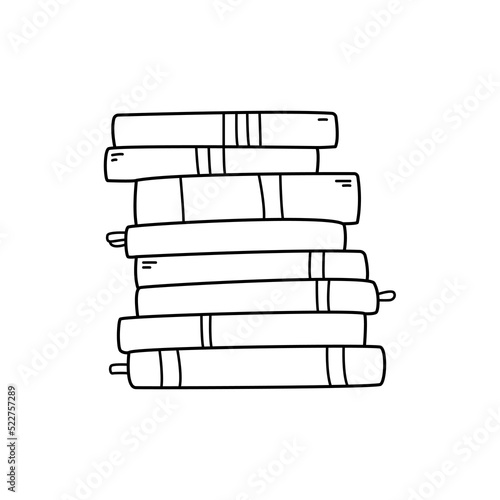 Hand drawn stack of books doodle style, vector illustration isolated on white background. Black outline, design element, contoured. Library or bookshop, reading
