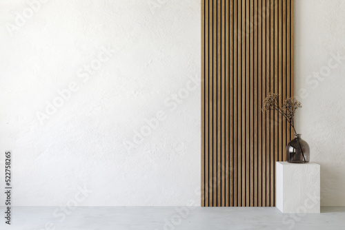 Fototapeta Naklejka Na Ścianę i Meble -  White interior with wooden wall panel and decor. Column with glass vase and decor. 3d render illustration mock up.