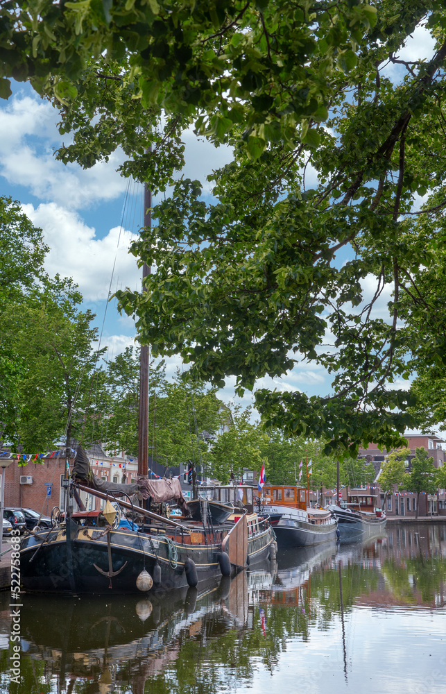 Canal Meppel. Historic boats. Barges in water. Drente. Netherlands. Bruine vloot. Ships. 