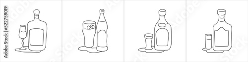 Liquor beer tequila rum bottle and glass outline icon on white background. Black white cartoon sketch graphic design. Doodle style. Hand drawn image. Party drinks concept. Freehand drawing style