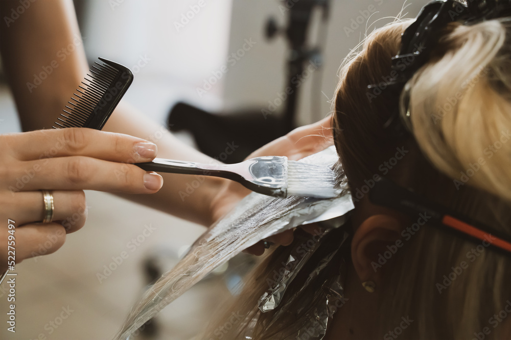 Naklejka premium Hair Coloring In A Beauty Salon. Professional wizard paints the hair in the salon. Beauty concept, hair care. Hairdressing Services.