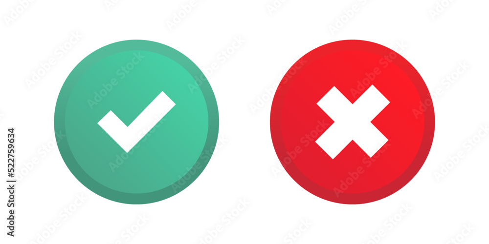Green tick symbol and red cross sign in a circle. Icons for evaluation and testing. Check mark and X mark icon vector.
Green tick symbol and red cross sign in a circle. Icons for evaluation and testing. Check mark and X mark icon vector.