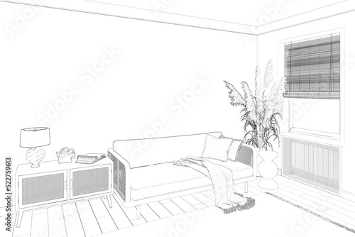 A sketch of the cozy room with a blank wall, lamp with decor on a sideboard with rattan doors near a sofa with rattan armrests, large spikelets in a vase near a window with bamboo blinds. 3d render