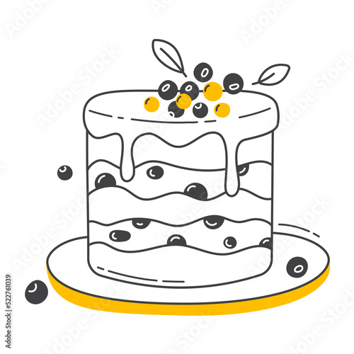 Berry pie in  doodle style. Cute cartoon delicious pastries. Cozy illustration for confectionery design
