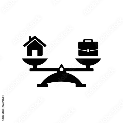 Home and business scales icon. Weight between work, money and your family. Career and family are on the scales. Balance your life business concept. Family or money. Vector isolated illustration.