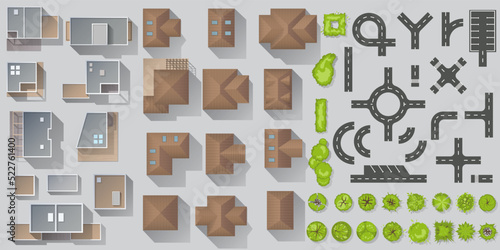Set of elements top view for landscape design. Buildings and trees for City map. Collection of different types of Houses townhouse, condominium, residential, apartment, cottage. Kit of isolated object