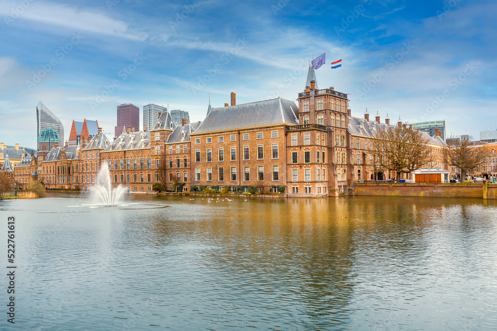 Hague, Netherlands Binnenhof parliament and Hofvijver lake