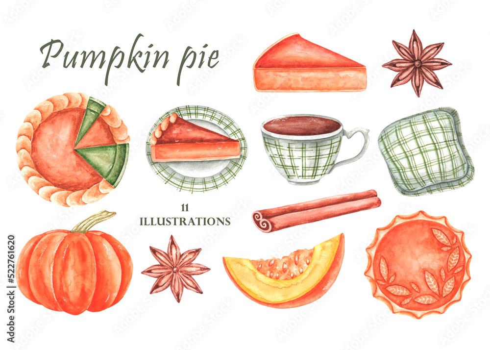 Pumpkin pie watercolor illustration. Pumpkin, pumpkin slice, pumpkin pie, pie slice, cup, saucer, cinnamon, star anise. Recipe, cookbook. Illustrations isolated. For printing on posters, invitations. Pumpkin pie watercolor illustration. Pumpkin, pumpkin slice, pumpkin pie, pie slice, cup, saucer, cinnamon, star anise. Recipe, cookbook. Illustrations isolated. For printing on posters, invitations.