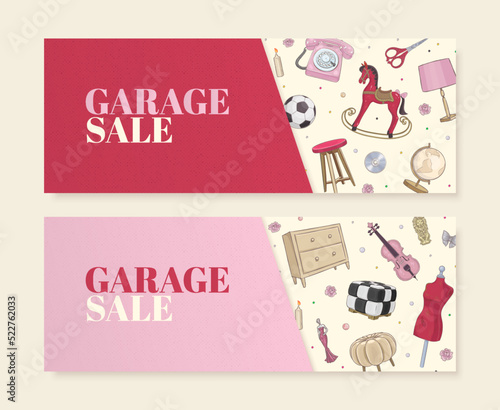 Garage sale concept illustration. Set of garage promotional sale horizontal banners with hand drawn vintage telephone, lamp, mannequin. Vector illustration