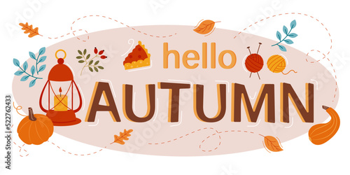 Hello autumn, cute card design. Cute lantern and pumpkin cozy and warm atmosphere of autumn days. Vector illustration