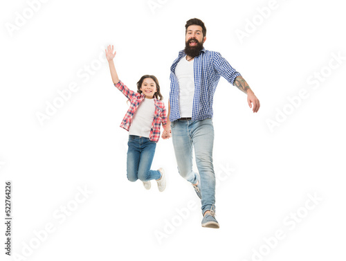 Jump high and love your family. Happy family. Family of father and little daughter jumping with joy. Bearded man and small girl child celebrating family day together