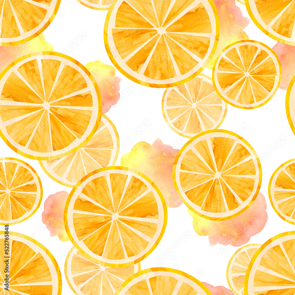  Seamless pattern with round slices of tangerine, orange and watercolor stains on white background. Bright design for fabric, packaging, cover, wrapping paper. Hand-drawn in watercolor.