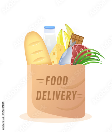 Food Delivery. Paper bag with groceries. Paper bag with food and drink. Bag icon with food. Isolated vector illustration.