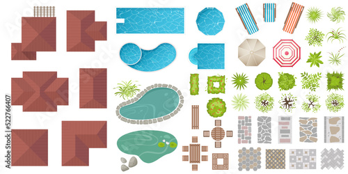 Set of Architectural and Landscape elements top view. Collection of houses, plants, garden, trees, swimming pool, outdoor furniture, pond, tile. Flat vector. Tables, benches, chairs. View from above
