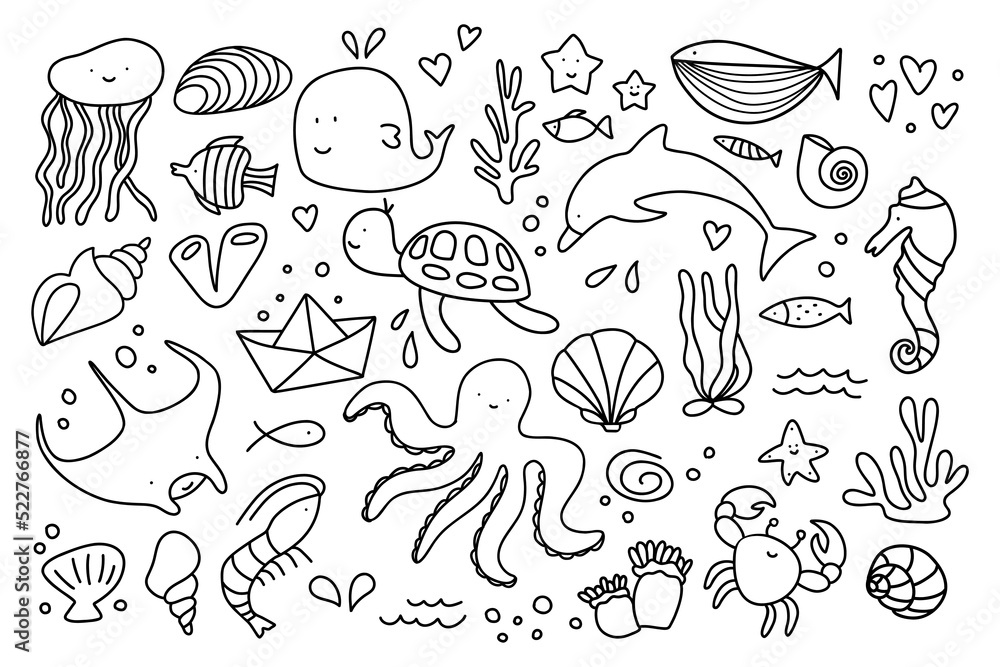 Sea line doodle icons. Hand drawn minimal underwater aquarium symbols, seashell fish algae shell sketchy art. Vector set Sea line doodle icons. Hand drawn minimal underwater aquarium symbols, seashell fish algae shell sketchy art. Vector set